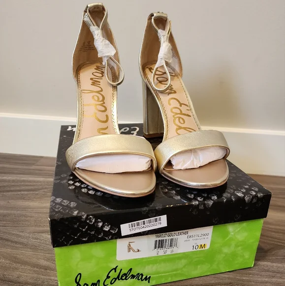 New in original box, Sam Edelman Yaro light gold leather block heels, size 10 - Picture 2 of 12